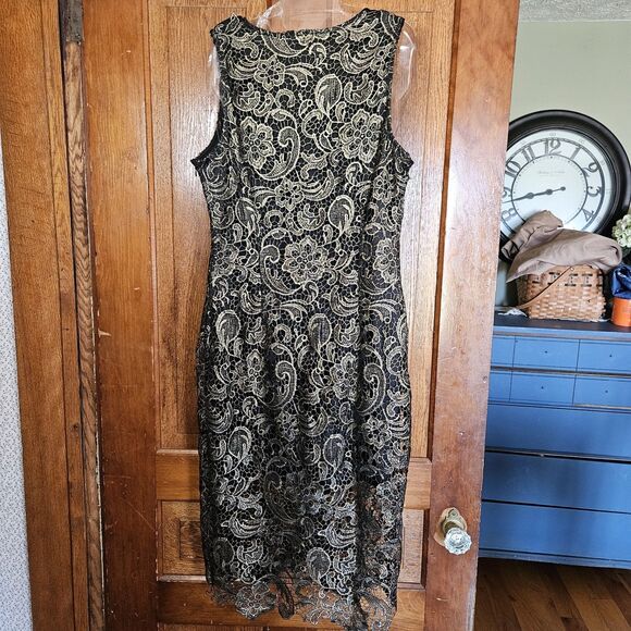 SANS SOUCI BLACK & GOLD FLORAL EMBROIDERED LACE-UP SLEEVELESS DRESS SIZE L - Picture 2 of 9